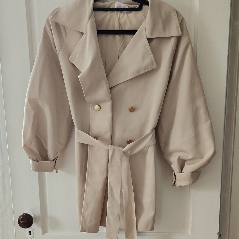 Pink Lily Elegant Beige Trench Coat with Gold Accents